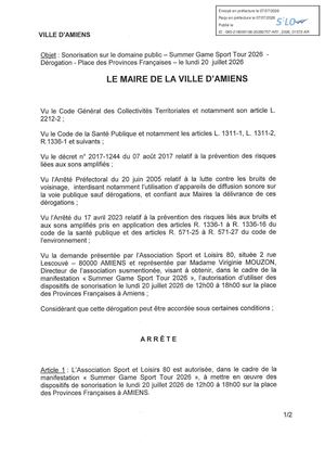 AR1 2026 01072 ARR AUTORISATION SONO VIA AR1 2026 01072 20260707- SONO DOMAINE PUBLIC SUMMER GAME SPORT TOUR 2026 PLACE PROVINCES FRANCAISES- Publiée Le 08 07 2026