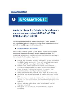 Alerte De Niveau 2 – Épisode De Forte Chaleur Mesures De Prévention Siege, Achat, Dsn, Drci (Hors Urcs) Et Cfdc