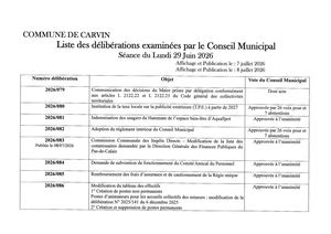 LISTE DES DÉLIBÉRATIONS EXAMINÉES CONSEIL MUNICIPAL LUNDI 29 JUIN 2026