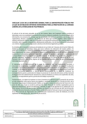 Circular sobre criterios homogéneos para la prestación del teletrabajo en la Administración General de la Junta de Andalucía