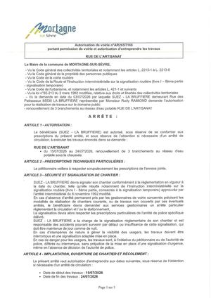 Ar26st168 Av Portant Permission De Voirie Et Autorisation D'entreprendre Les Travaux Rue De L'artisanat Du 15 07 Au 24 07 2026