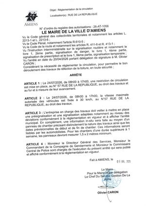 26 AT 1056  Réglementation Circulation Rue De La Republique Le 24 07 26 Publié Le 08 07 26