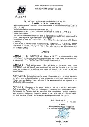 26 AT 1053  Réglementation Stationnement Rue De La 2eme Division Blindée Le 16 07 26 Publié Le 08 07 26