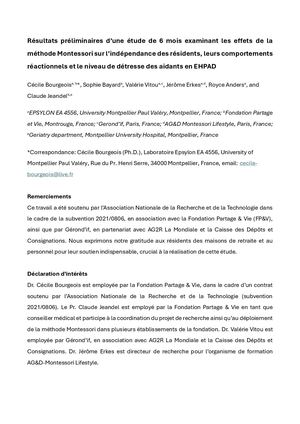 Résultats Préliminaires D’une éTude De 6 Mois Examinant Les Effets De La Méthode Montessori