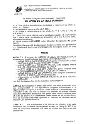 26 AT 1069  Réglementation Stationnement  Avenue De La Paix Et Autres Du 15 07 26 Au 30 10 26 Publié Le 08 07 26