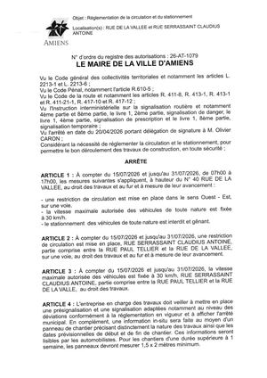 26 AT 1079  Réglementation Stationnement Et Circulation Rue De La Vallee Et Autres Du 15 07 26 Au 31 07 26 Publié Le 08 07 26