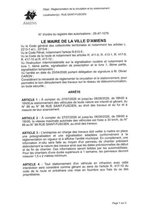 26 AT 1078  Réglementation Stationnement Et Circulation Rue Saint Fuscien Du 27 07 26 08 08 26 Publié Le 08 07 26