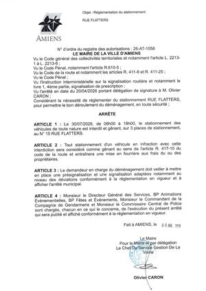 26 AT 1058  Réglementation Stationnement Rue Flatters Le 30 07 26 Publié Le 08 07 26