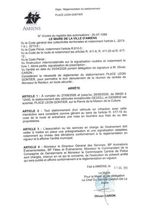 26 AT 1088  Réglementation Stationnement Place Leon Gontier Du 27 08 26 Au 28 08 26 Publié Le 08 07 26