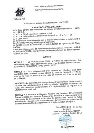 26 AT 1087  Réglementation Stationnement 5 Rue Des Corps Nuds Sans Teste Le 07 10 26 Publié Le 08 07 26