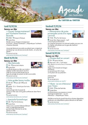 Agenda de la semaine du 13 au 19 juillet 2026