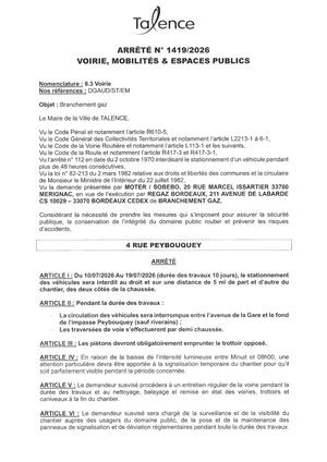 Arrete 1419-2026-Branchement Gaz 4 Rue Peybouquey Du 10 Au 19-07-2026-Publié Le 09 07 2026