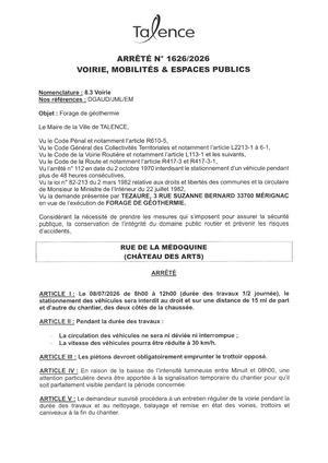 Arrete 1626-2026-Forage De Geothermie Rue De La Medoquine Le 08-07-2026-Publié Le 09 07 2026