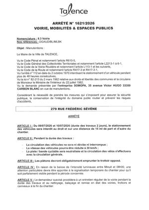 Arrete 1621-2026-Manutention 279 Rue Frederic Sevene Les 9 Et 10-07-2026-Publié Le 09 07 2026