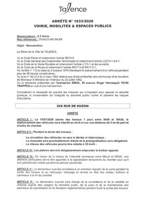 Arrete 1633-2026 Manutention 268 Rue De Suzon Le 15-07-2026-Publié Le 09 07 2026