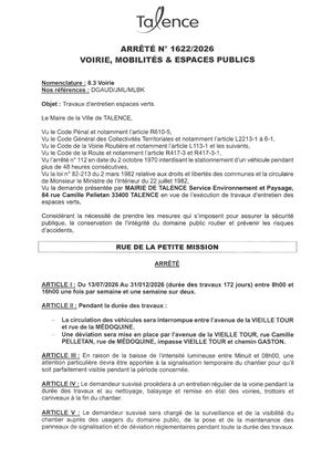 Arrete 1622-2026-Travaux Entretien Espaces Verts Rue De La Petite Mission Du 13-07 Au 31-12-2026-Publié Le 09 07 2026