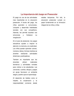 La Importancia Del Juego En Preescolar