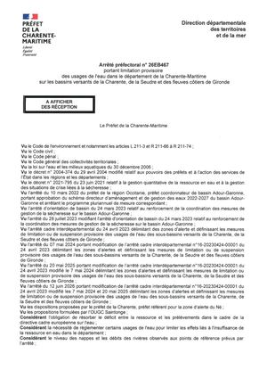 Arrêté Préfectoral Portan Limitation Provisoire Des Usages De L'eau Dans Le Département De La Charente Maritime