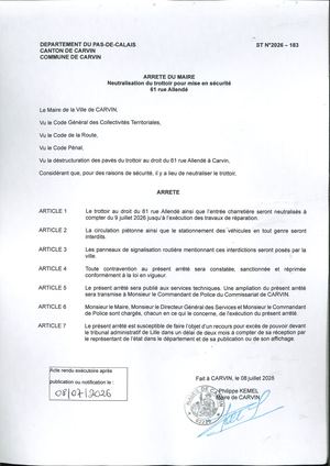 NEUTRALISATION DU TROTTOIR POUR MISE EN SECURITE - 61 RUE S. ALLENDE - VILLE DE CARVIN