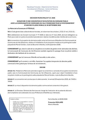 DM 23 2026 - Signature Convention Occupation Du Domaine Public Avec La CCVE - Recyclerie Mobile 26 09