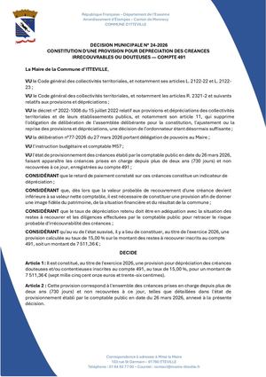 DM 24 2026 - CONSTITUTION D'UNE PROVISION POUR DEPRECIATION DES CREANCES IRRECOUVRABLES OU DOUTEUSE - COMPTE 491