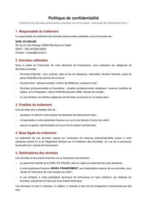 Clause Confidentialité Financement Oxmoto