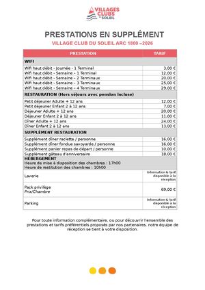 Arc 1800 Tarifs 2026