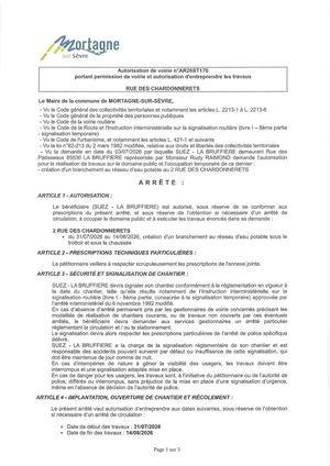 Ar26st170 Av Portant Permission De Voirie Et Autorisation D'entreprendre Les Travaux Rue Des Chardonnerets Du 31 07 Au 14 08 2026