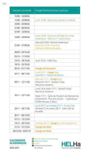 Calendrier Externe Académique Helha 2026 2027