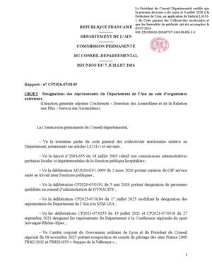 Désignations Des Représentants Du Département De L'ain Au Sein D'organismes Extérieurs