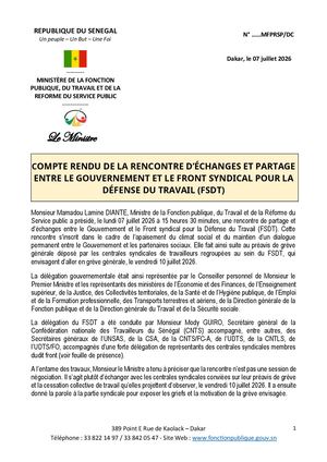 COMPTE RENDU DE LA RENCONTRE D’ÉCHANGES ET PARTAGE ENTRE LE GOUVERNEMENT ET LE FRONT SYNDICAL POUR LA DÉFENSE DU TRAVAIL (FSDT)