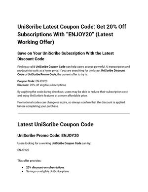 UniScribe Latest Coupon Code: 'ENJOY20' Gives You 20% Discount On Subscriptions (Latest Working Offer)