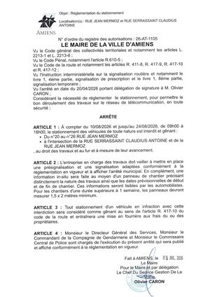 26 AT 1105 Réglementation Du Stationnement Rue Jean Mermoz Et Rue Serrassaint Clauius Antoine Du 1 08 2026 Au 24 08 2026- Publiée Le 10 07 2026