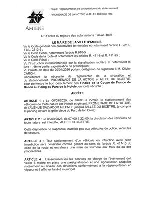 26 AT 1097 Réglementation Du Stationnement Et De La Circulation Promenade De La Hotoie Et Allée Du Bicetre  - Publiée Le 10 07 2026