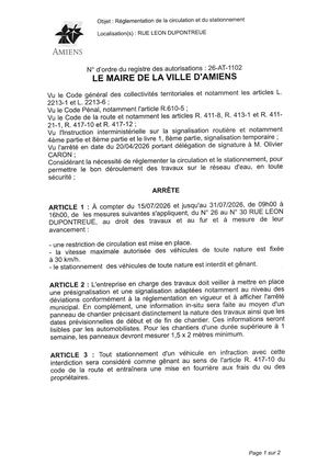 26 AT 1102 Réglementation Du Stationnement Et De La Circulation Rue Leon Dupontreue  - Publiée Le 10 07 2026