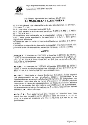 26 AT 1099 Réglementation Du Stationnement Et De La Circulation Rue Saint Honoré Du 27 07 2026 Au 31 07 2026 - Publiée Le 10 07 2026