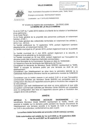 AR1 2026 01081 -26 PSOC 2206- 24 PLACE PARMENTIER,SARL TAHA RESTAURANT INDIEN -Publiée Le 10 07 2026
