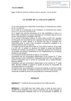 AR1 2026 01084 ARR PROCEDURE ADMINISTRATIVE VIA AR1 2026 01084 20260709 ARRETE DE RETRAIT DE L ARRETE DE MISE EN SECURITE 52 RUE DU DON A AMIEN Publiée Le 10 07 2026