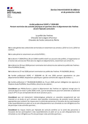 Arrêté 2026 065 Portant Restriction Des Activités Physiques Et Sportives Signe