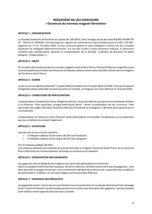 Règlement - Jeu Concours du 11 au 15 juillet 2026