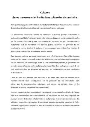 Culture : Grave menace sur les institutions culturelles du territoire.