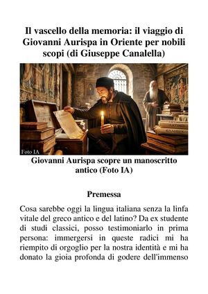 Il Vascello Della Memoria Il Viaggio Di Giovanni Aurispa In Oriente Per Nobili Scopi (Di Giuseppe Canalella)