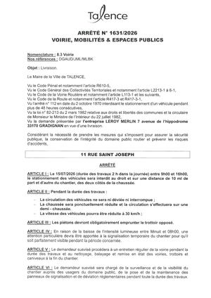 Arrete 1631-2026-Livraison 11 Rue Saint Joseph Le 15-07-2026-Publié Le 10 07 2026