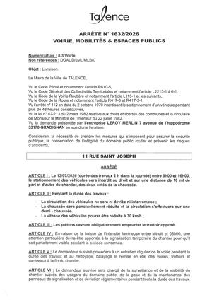 Arrete 1632-2026-Livraison 11 Rue Saint Joseph Le 13-07-2026-Publié Le 10 07 2026