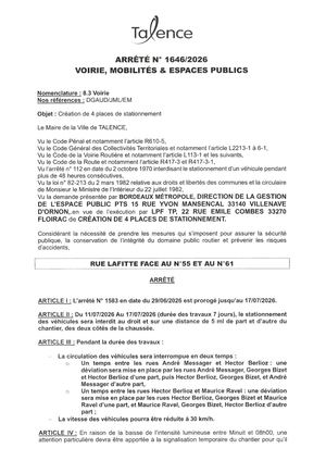 Arrete 1646-2026-Creation Place De Stationnement Rue Lafitte Du 11 Au 17-07-2026-Publié Le 10 07 2026