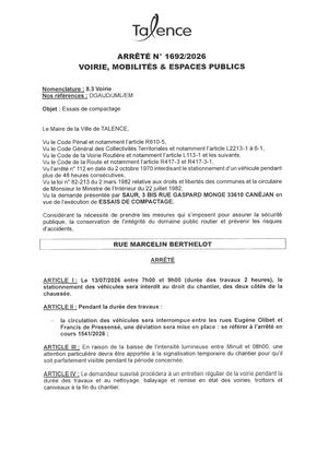Arrete 1692-2026-EssAis Compactage Rue Marcelin Berthelot Le 13-07-2026-Publié Le 10 07 2026