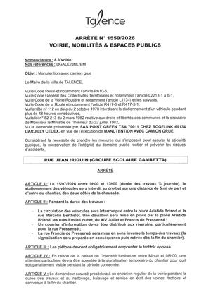 Arrete 1559-2026-Manutention Camion Grue Rue Jean Iriquin Le 15-07-2026-Publié Le 09 07 2026