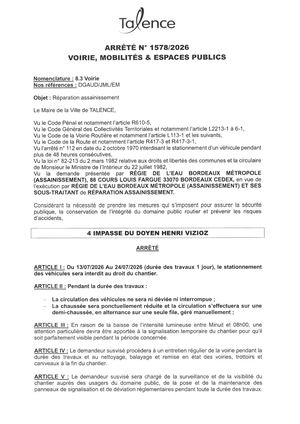 Arrete 1578-2026-Reparation Assainissement Impasse Doyen Vizioz Du 13 Au 24-07-2026-Publié Le 09 07 2026