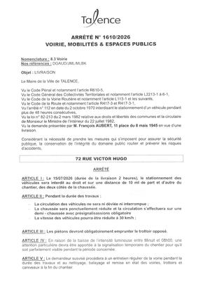 Arrete 1610-2026-Livraison 72 Rue Victor Hugo Le 15-07-2026-Publié Le 09 07 2026