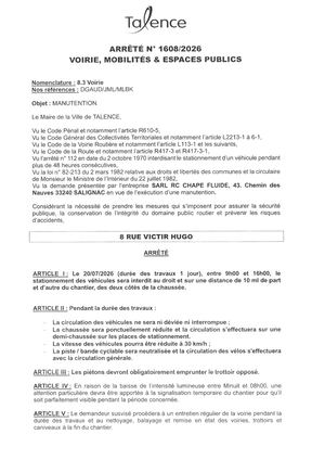 Arrete 1608-2026-Manutention 8 Rue Victor Hugo Le 20-07-2026-Publié Le 08 07 2026